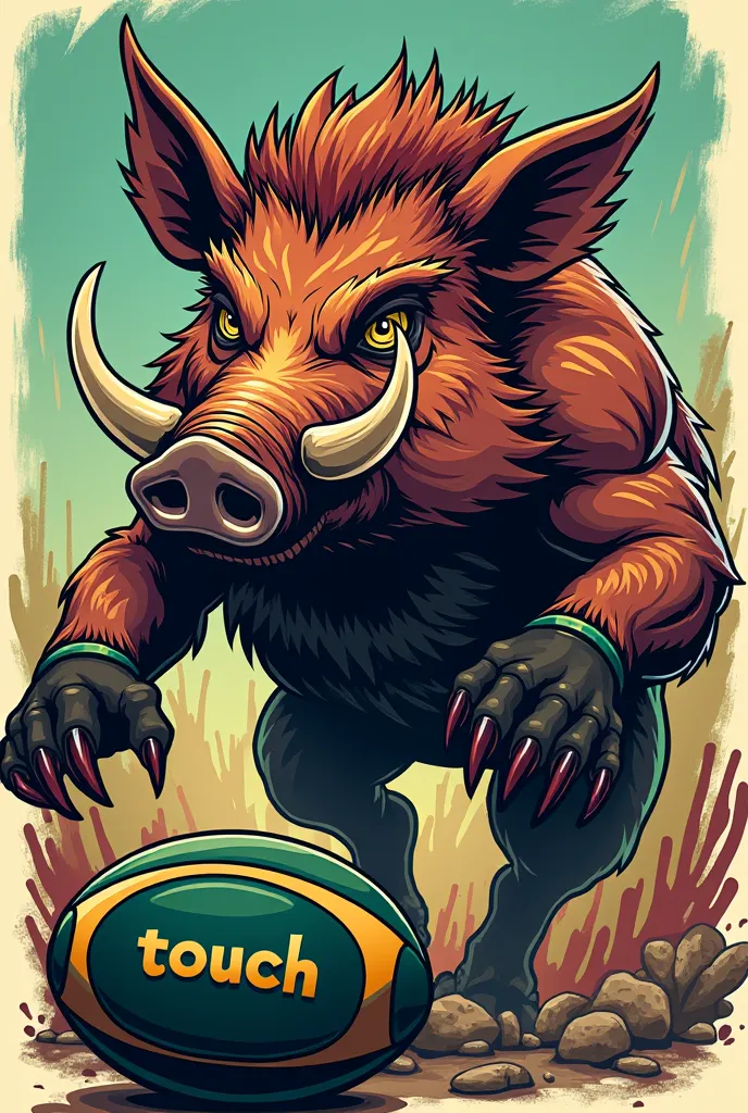 Generate a cartoon illustration with a badass wild boar and writing on the top MILLY TOUCH VAL'S with a black and green English rugby ball with TOUCH on it