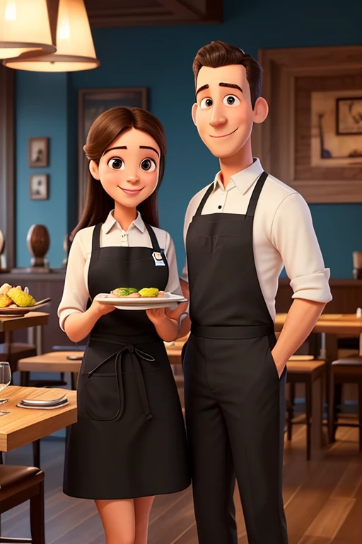 Create a highly detailed illustration in Pixar-style animation featuring a waiter and a waitress. Both have warm brown skin, brown eyes, and wear elegant black uniforms. The waiter wears a black dress shirt with an apron, while the waitress wears a classic...