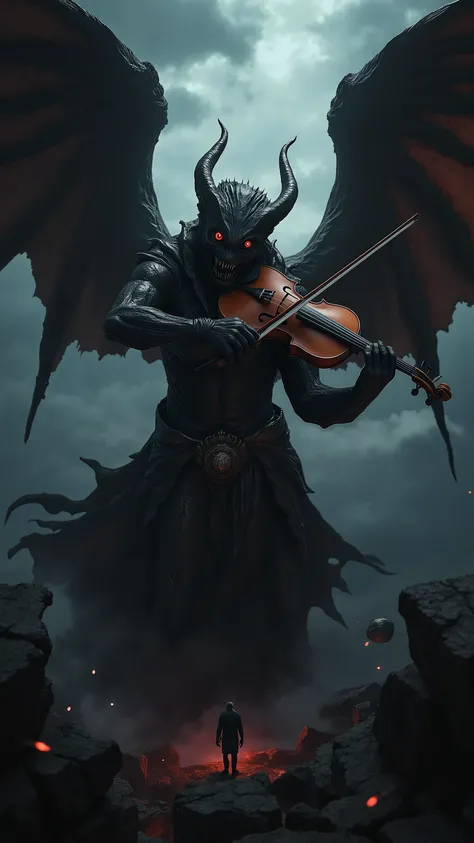 lucifer,playing violin,epic scenario,top view,detailed facial features,dramatic expression,intense performance,moody lighting,cinematic composition,dramatic clouds,epic landscape,digital painting,photorealistic,highly detailed,8k,ultra-detailed,dramatic co...