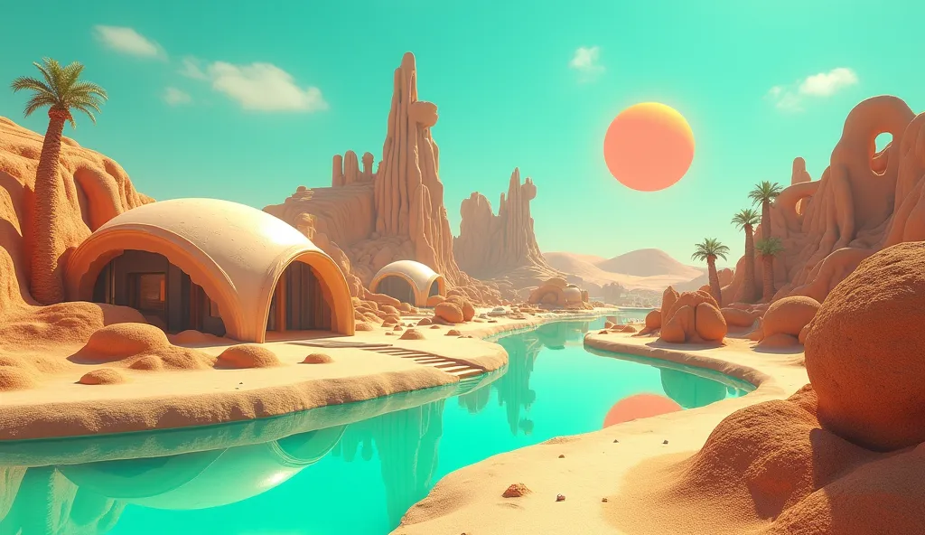 Desert Oasis City envisioned as a Solarpunk Symbiotic Construct, where nature and technology coexist in harmony. Utilize a palette of earthy Dune Sand and bright Oasis Turquoise to emphasize the sustainable and utopian vision