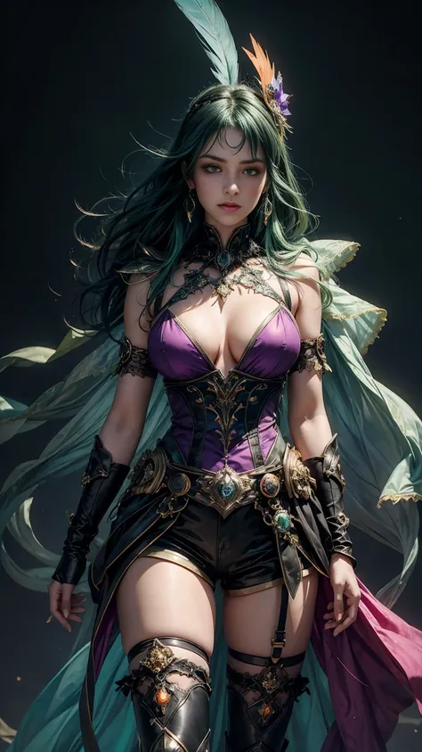 Gothic, dark green hair, low tail with feathers, veil with bright yellow edges, shiny pink cuirass with cutouts on the sides, big breasts, rainbow drop earrings, Looks mysteriously , armor-shorts with purple and blue plates, orange glitter fishnet stocking...