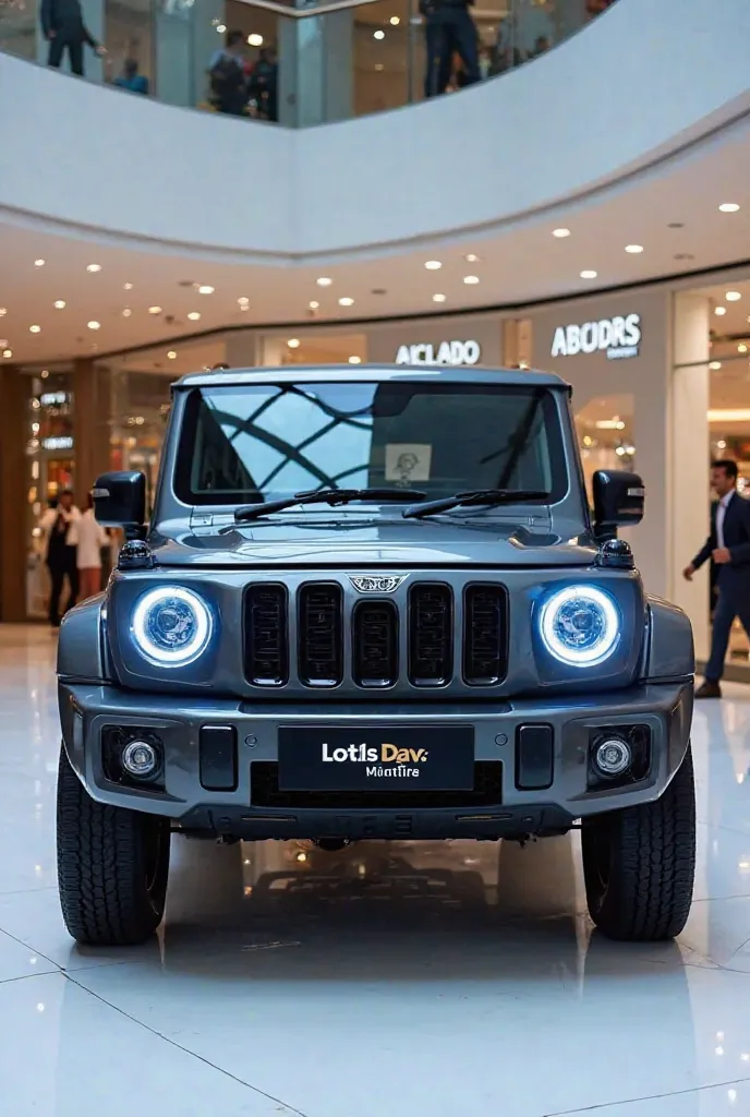 A (front ) photo of a ( safed ) ( Mahindra Bolero Neo  ) with a sleek, full modified, modern design. The car is parked on a white surface. The background is a shopping mall with white lights. The photo reveals the luxurious interior. The overall ambiance i...