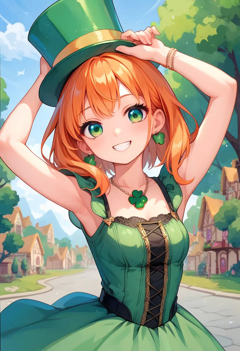 1 cute woman, green eyes, ginger hair, makeup, earrings, green dress,  clover necklace, Ireland, smile,green top hat ,viewers,raise your arms, Grab Hat, (from front), (Facing directly forward), Town, tachi-e, anime style, 8k, super detail, masterpiece