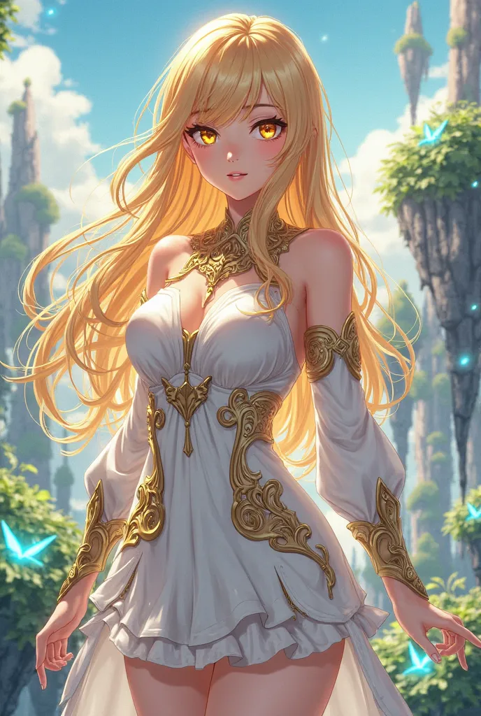 "A beautiful anime-style female warrior with long, flowing golden hair and golden eyes. She wears an elegant white and gold outfit with intricate patterns, resembling a fantasy adventurer. Her attire includes a short white dress with golden embroidery, det...