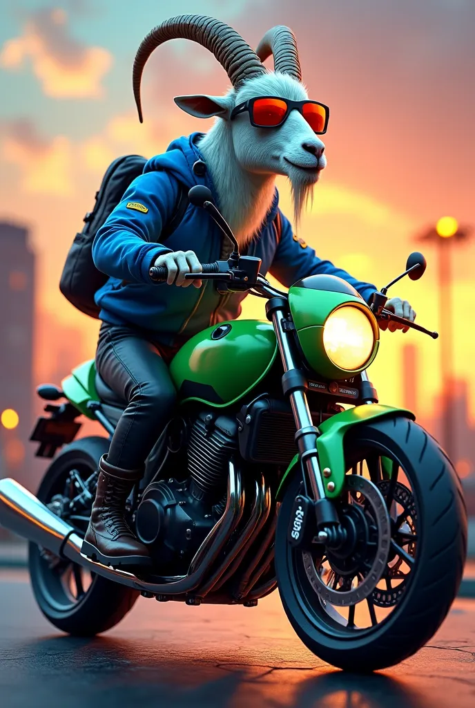 Logo of a goat wearing a blue dueter and black pants and leather boots and motorized sunglasses on a green and black motorcycle