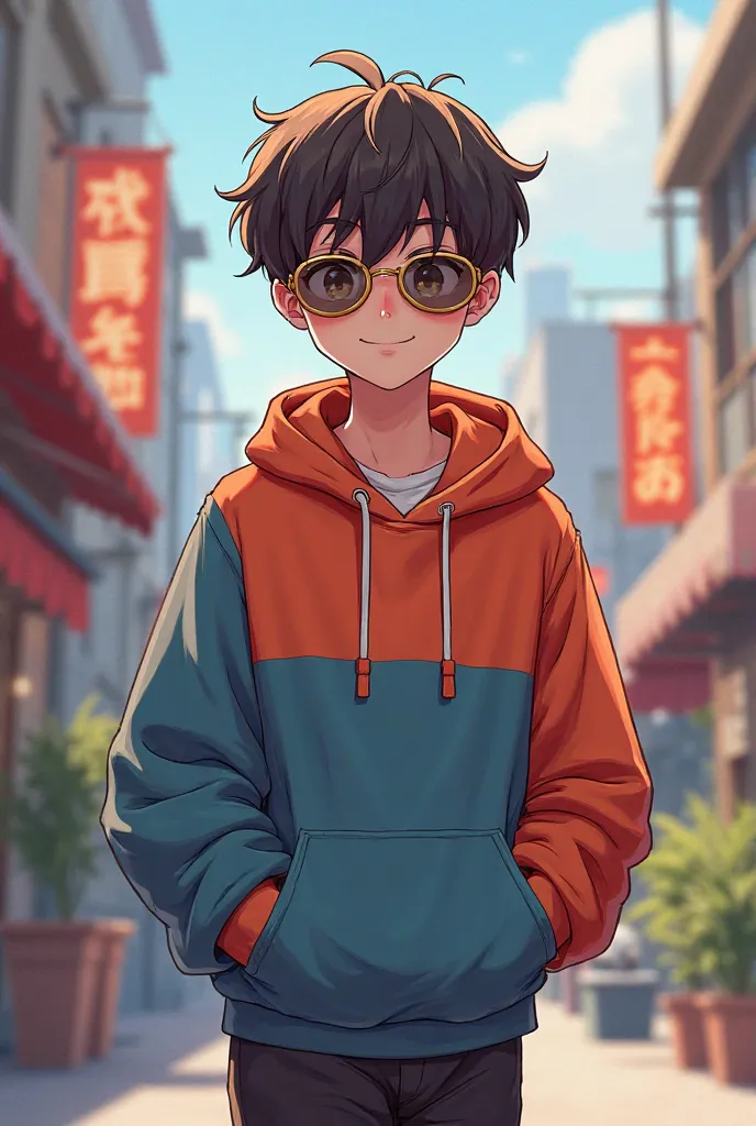 Create cartoon male anime charechter wearing hodi and sunglass 