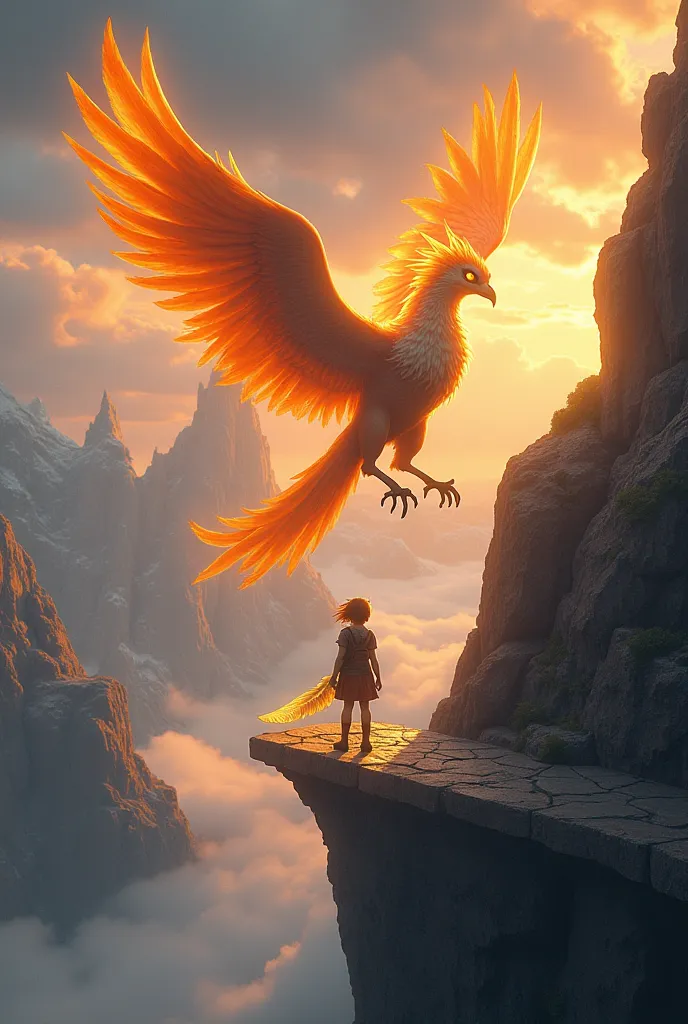 A breathtaking scene high in the Floating Mountains, where golden mist swirls in the air. A majestic Sky Phoenix with glowing, fiery feathers perches on a rocky peak, its wise eyes shimmering with power. In front of it, a brave young girl named Aria, dress...