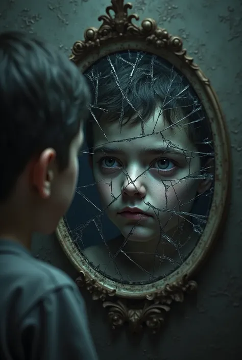 A close-up of a cracked mirror reflecting a boy’s distorted face, looking at himself emotionlessly