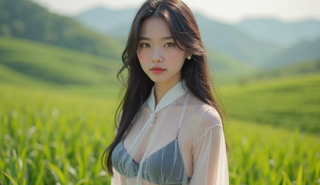 Image Description: An Asian girl standing straight, big breasts wearing a white Vietnamese Ao Dai, the thin fabric clearly revealing the black bra inside. She has long, silky black hair, flowing over her shoulders. The setting is in a village with green ri...