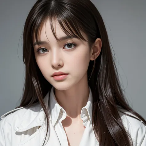 best quality . Realistic portrait of a young woman with long dark hair. It has bangs and flows slightly to the side,  It looks soft and natural . The hair is loose, has waves, and is smooth、has a subtle shine, that gently frames her face. Soft and natural ...