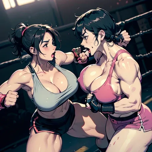 (((dynamic battle action))), (((((A male fighter and a cute girl heavyweight fighter beating each other's body and face by fist and leg so hard in the backstreet))))). (Intense violence). A fierce exchange of (dynamic attacks) with (((kickboxing))). extrem...