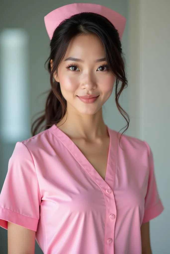 Hot Asian nurse with big boobs and pink uniform.