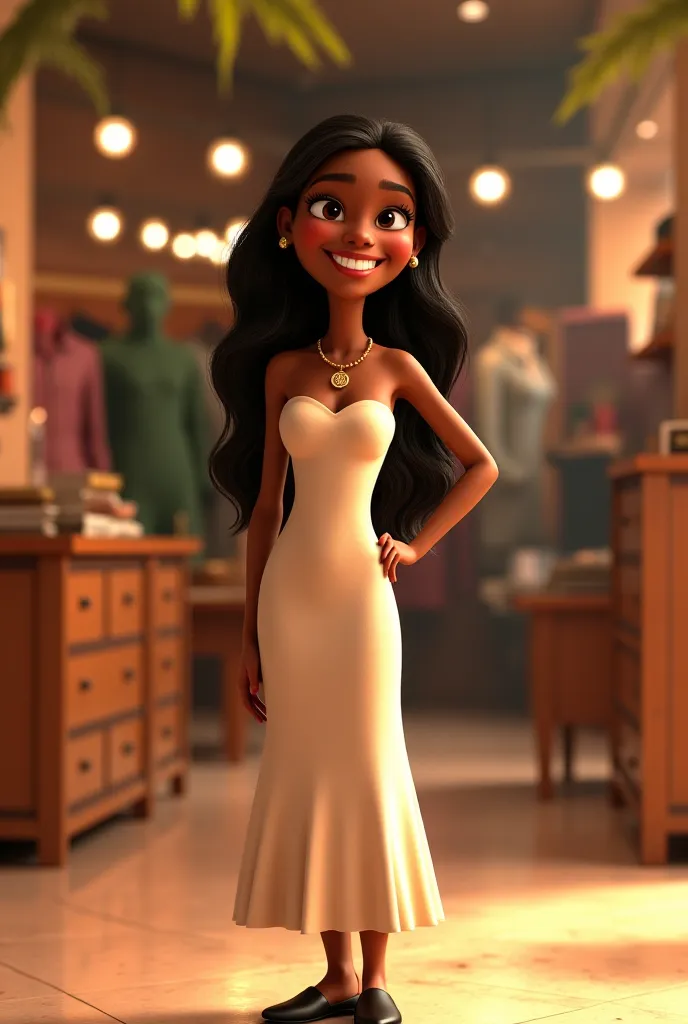 a disney pixar style 3d movie poster with the text "Chosen" a young woman, dark skin, long hair, evangelical wearing a long dress without a neckline, covering shoulders and legs, wearing elegant black shoes, wearing a necklace with the letter C with a rela...