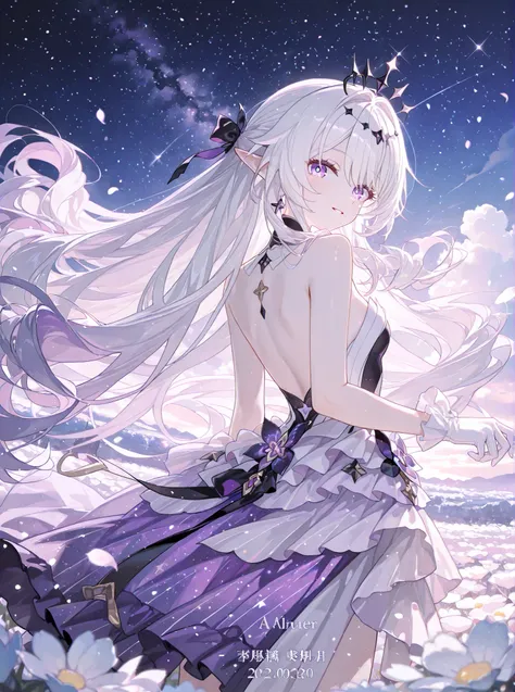 white skinned adult woman violet eyes, elf ears, bright white shoulder-lenght few wavy white hair and back long hair violet locks, She uses a black crown with purple little gens decals, purple and white barrette, a white dress with black ornaments details ...