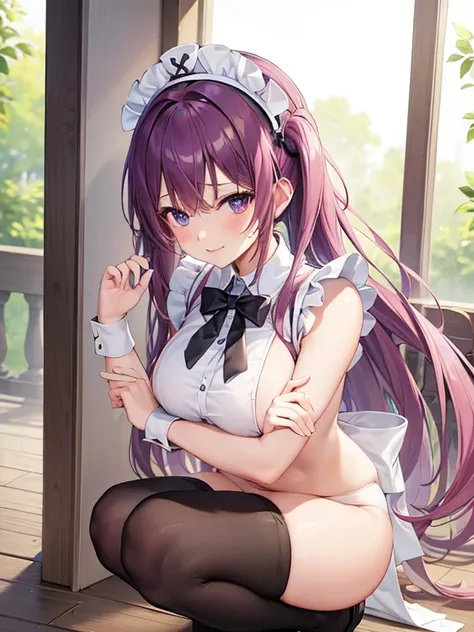 masterpiece, best quality, Airlive 4, 1 girl, Alone, , thigh thigh thigh thigh, (black knee socks:1.3), apron, absolute region with to, Maid, Maid headdress, a little wild、 Looking at the viewer with a large bust 、Chest、  wrist cuffs , (perfect hands with ...