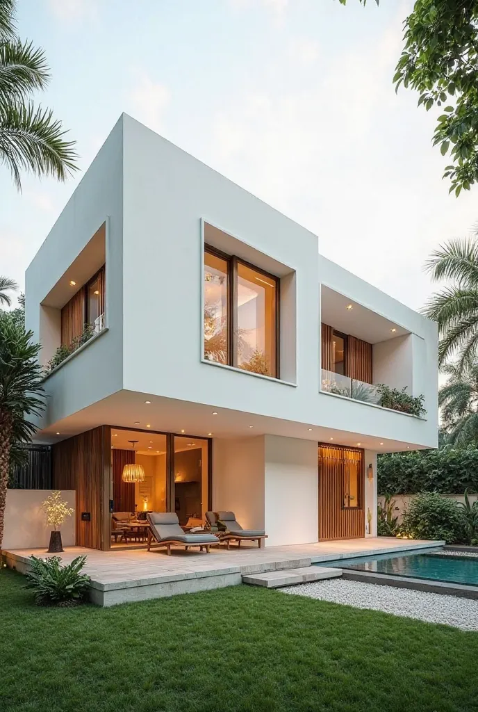 cream-colored modern house with brown windows