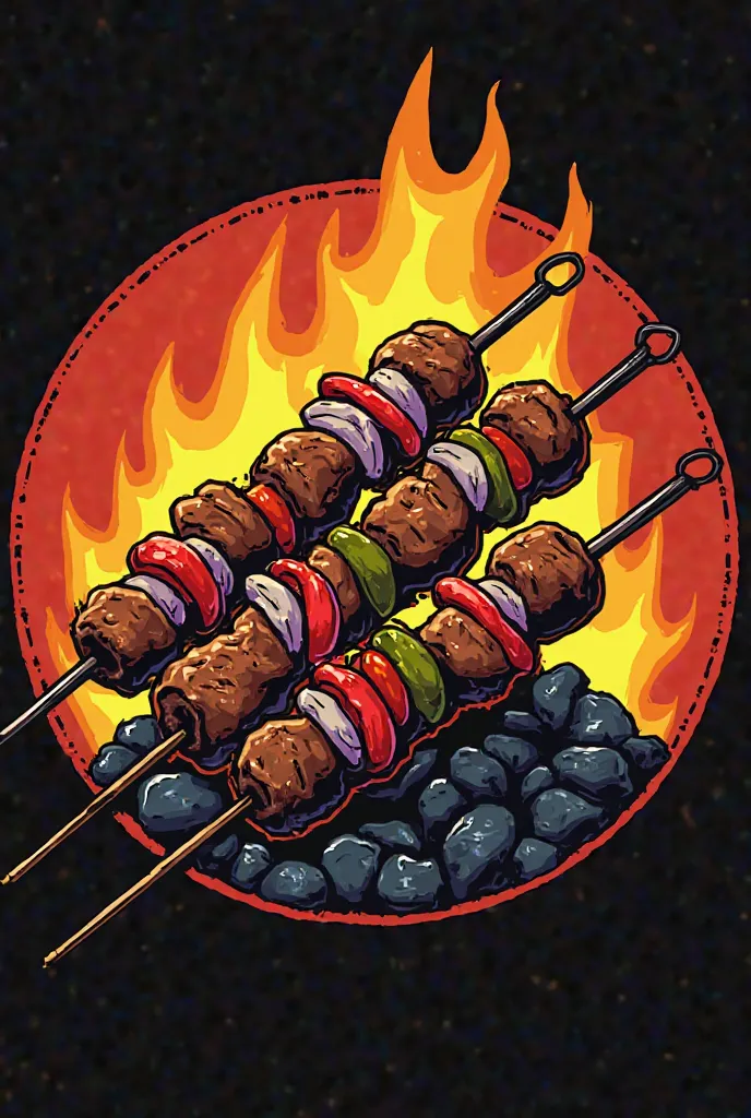 Create a round logo on meat skewers with peppers,  onion, piña. On a charcoal grill 
With a striking and colorful background to attract attention, 
That the logo has the name of the company that is El Rincón del Sabor 