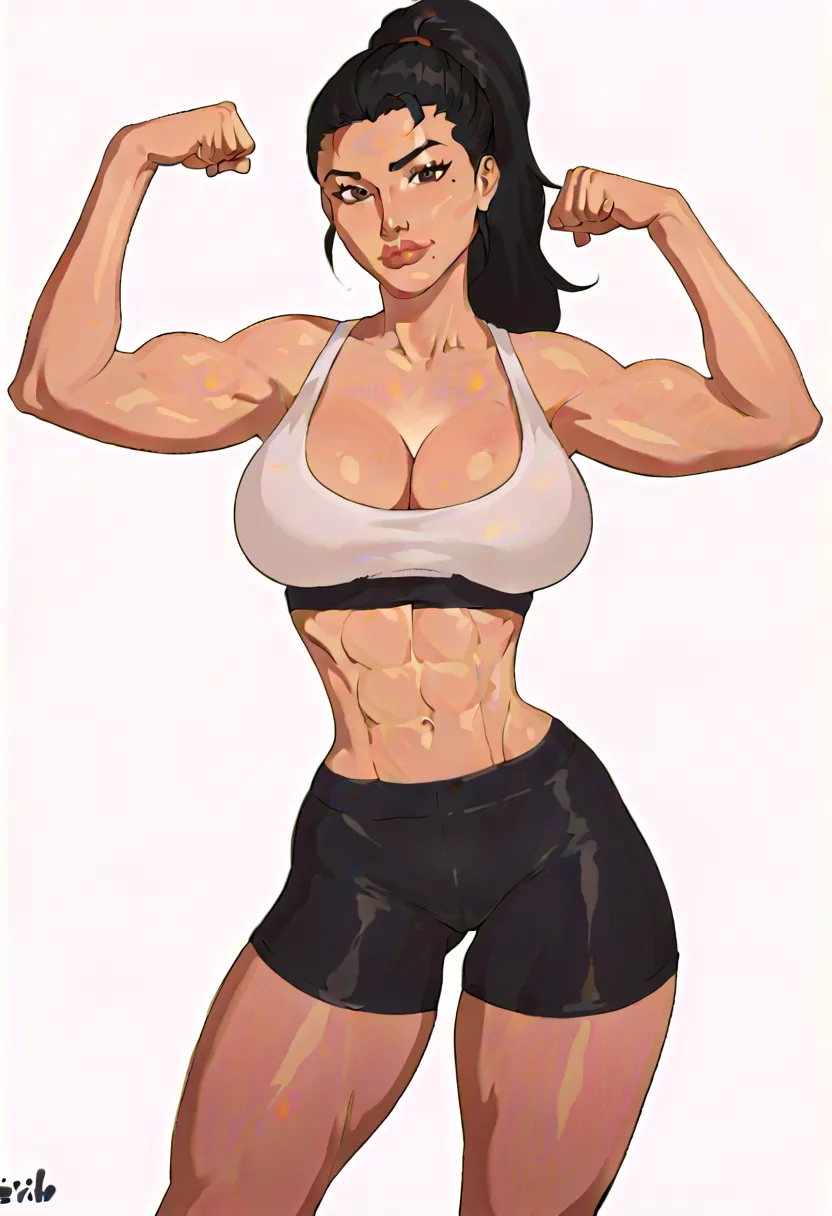 score_9, score_8_up, score_7_up, 1girl, solo, Eva, black hair, ponytail, brown eyes, mole, unibrow, large breasts, narrow waist, wide hips, looking at viewer, smirk, sports bra, cleavage, flexing, abs, bike shorts, highres, high quality, masterpiece, 