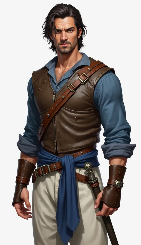 The figure appears to be a male character, possibly from a or fantasy setting. He has a somewhat serious or determined expression. He is dressed in attire suggesting a warrior or adventurer role.
*   **Hair:** He has dark brown or black hair that is parted...