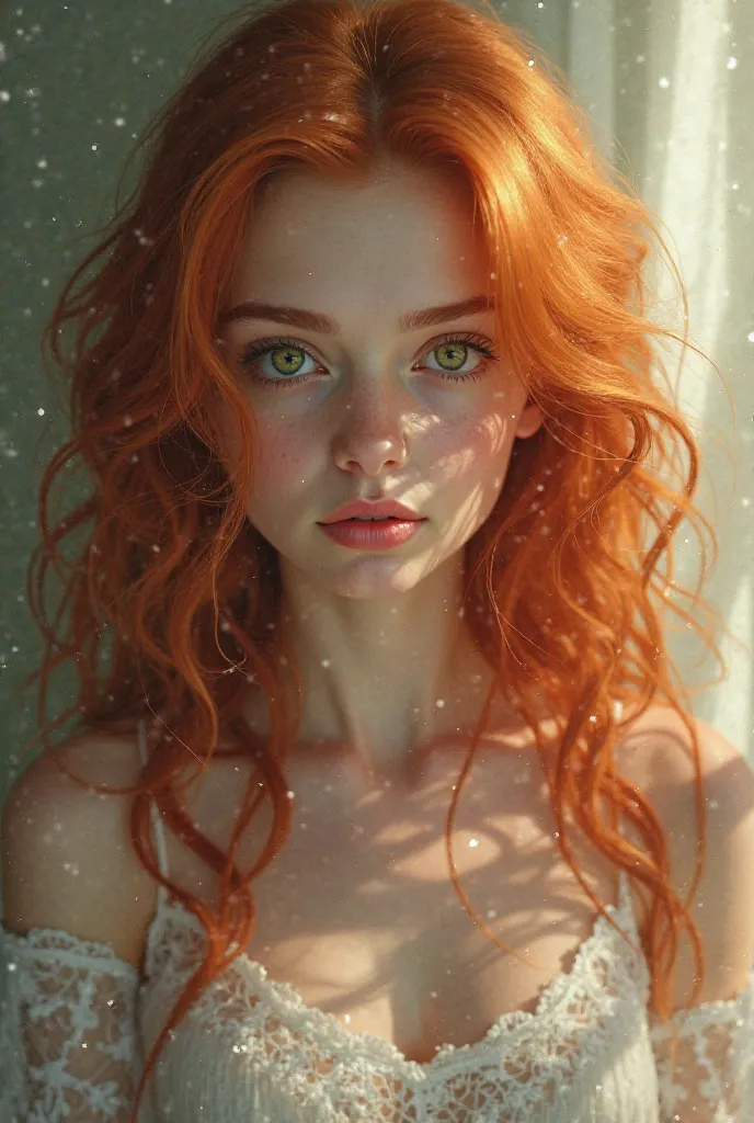 Beautiful redhead girl with wavy hair and green eyes 