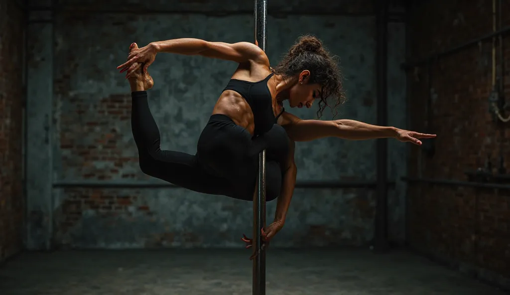 healthy woman wearing black tights doing pole dancing