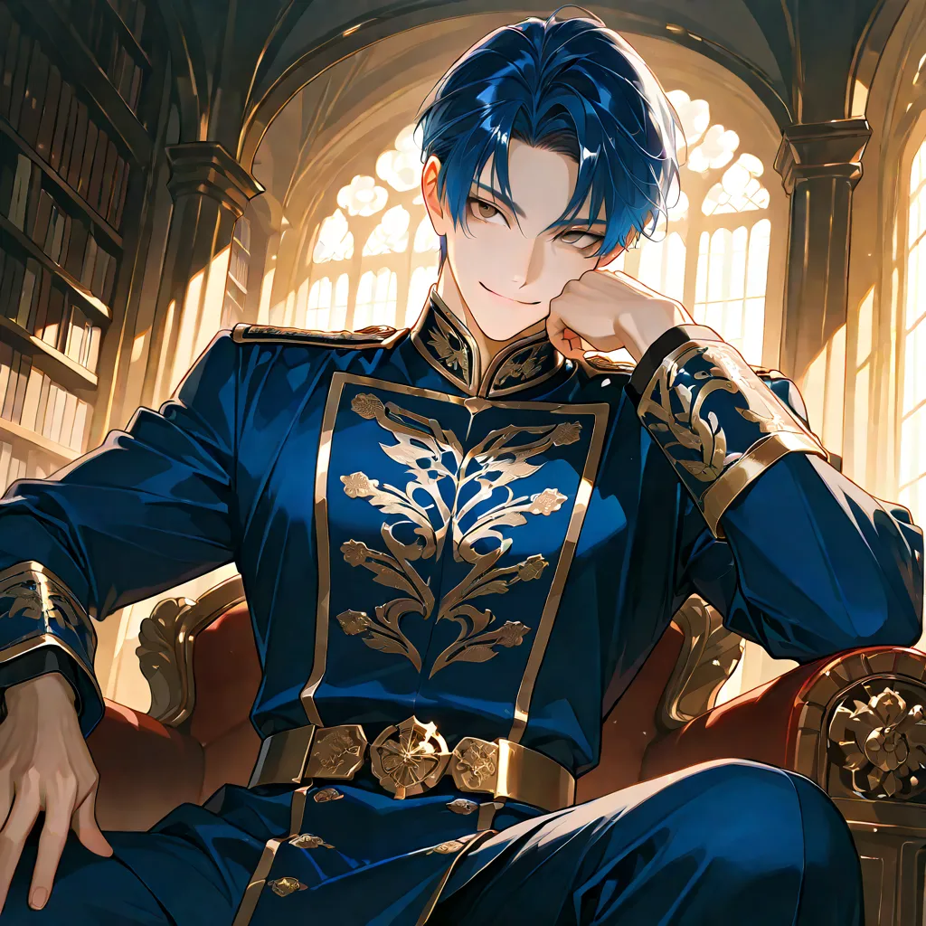 4k , 8k , (only 1male very short dark blue hair with brown eyes colors) , ((no hair bang)) , short hair style , 25 years old , adult , royal environments , good focus , ตรงตามกายวิภาคมนุษย์ ,ร่างกายสมส่วน , anime eyes , good figured muscle , Body : head to...