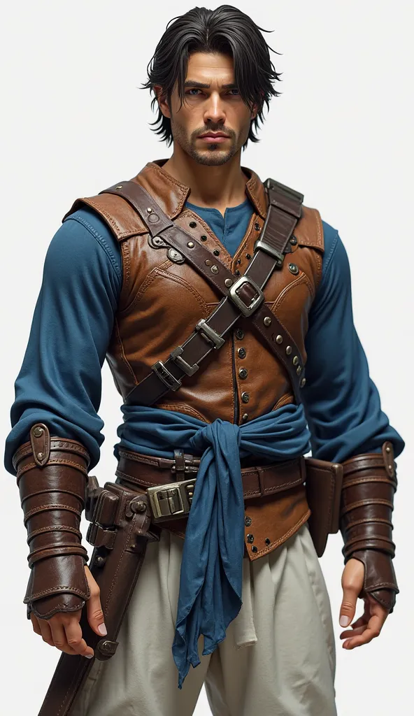 The figure appears to be a male character, possibly from a or fantasy setting. He has a somewhat serious or determined expression. He is dressed in attire suggesting a warrior or adventurer role.
*   **Hair:** He has dark brown or black hair that is parted...