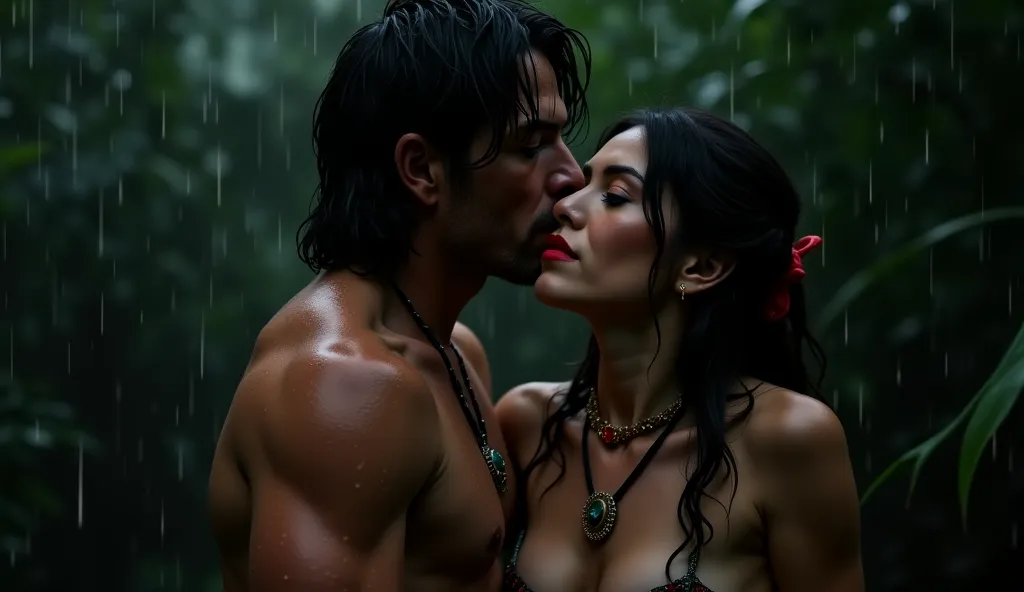 4k realistic photo of old tarzan kiss young pretty jane's neck, in a jungle at dark midnight with heavy rain. tarzan's hand touch jane's naked breast. jane wearing bold red lipstick and has been smudged 