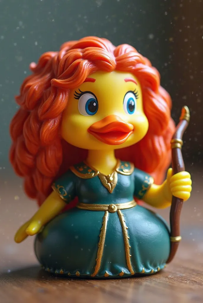 A rubber duck inspired by the character Merida, from the movie Brave (indomitable). The duck has curly hair and vibrant red, recalling the iconic look of the princess. She wears a small blue-green dress, similar to Merida's classic costume, with gold detai...