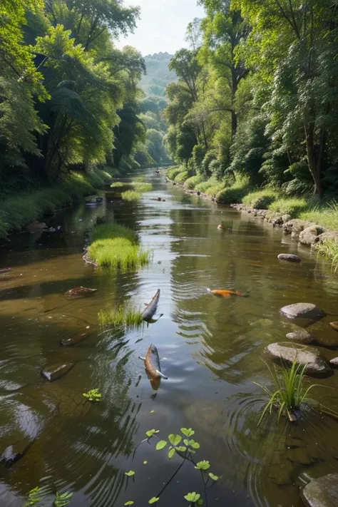 green rice field , CLEAR FLOWING RIVER WATER, full of colorful fish, the picture looks real 