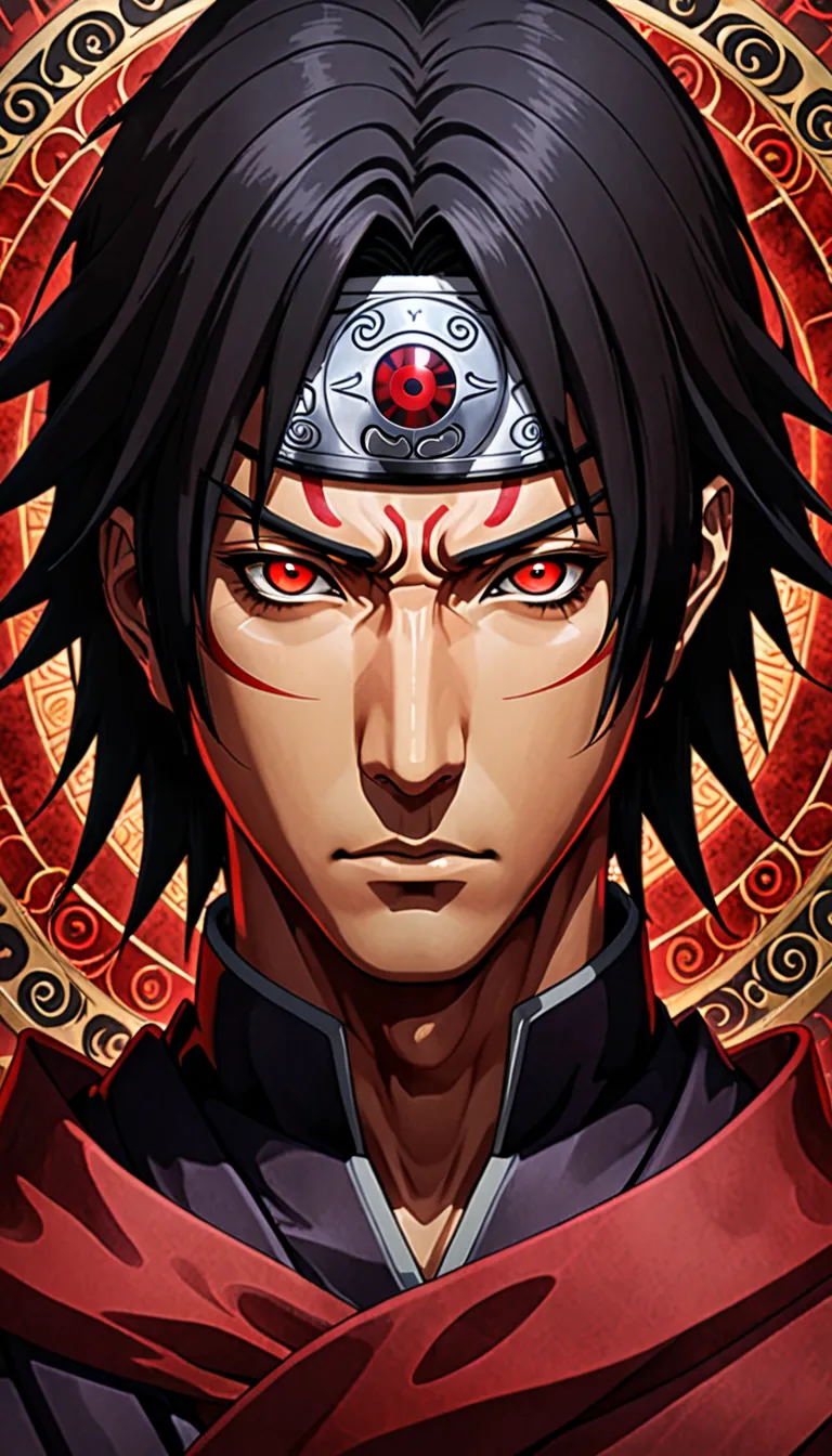 An ultra HD 8K close-up portrait of Itachi Uchiha, capturing his enigmatic and powerful presence. His Mangekyo Sharingan, known as the Kaleidoscope Copy Wheel Eye, is rendered in extreme detail, showcasing its intricate, hypnotic pinwheel-like pattern with...