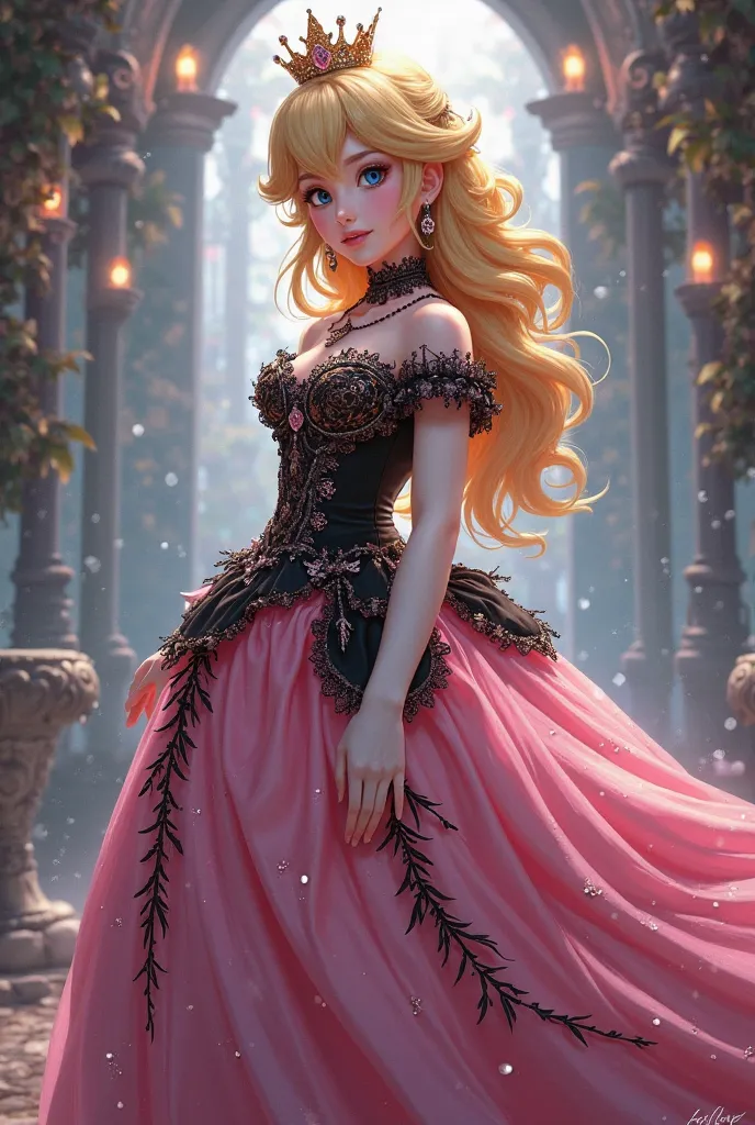 Anime artwork of Princess Peach in a detailed intricate pink and black dress, by wlop