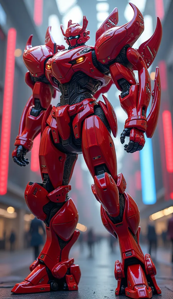 A high-quality red mecha, with a pure red machine skin and linear light of different colors, full of futuristic technology. It is a combat mecha with a technological texture, metallic feel, ultra-high quality, ultimate details, top-notch picture quality, f...