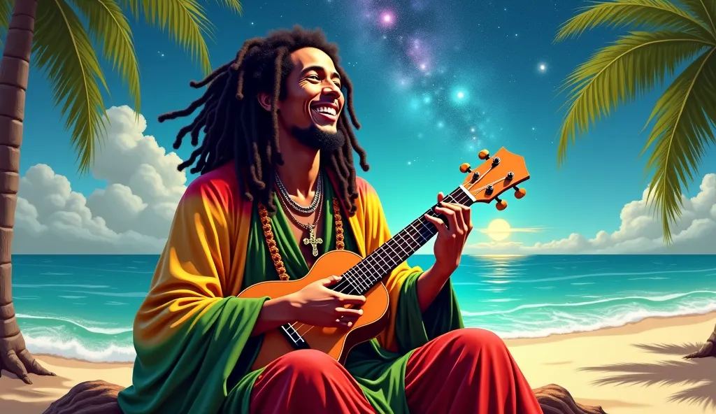 (photorealism:1.2), Reggae legend jesus Bob Marley smile, playing small ukulele And wearing Rasta cloak And cross necklaces in a beach And Stary sky vibrant and artwork.