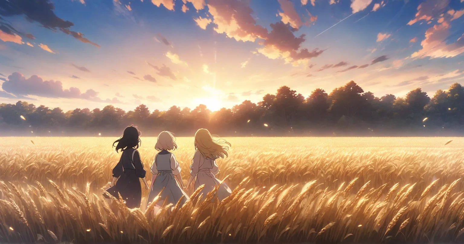 blue sky　Sunset　 tattered and dirty white clothes　nature　 Fantastic　Anime anime keyvisual, 2 girls, full body shot, wide shot, from behind, wheat field, running, black hair, blonde,