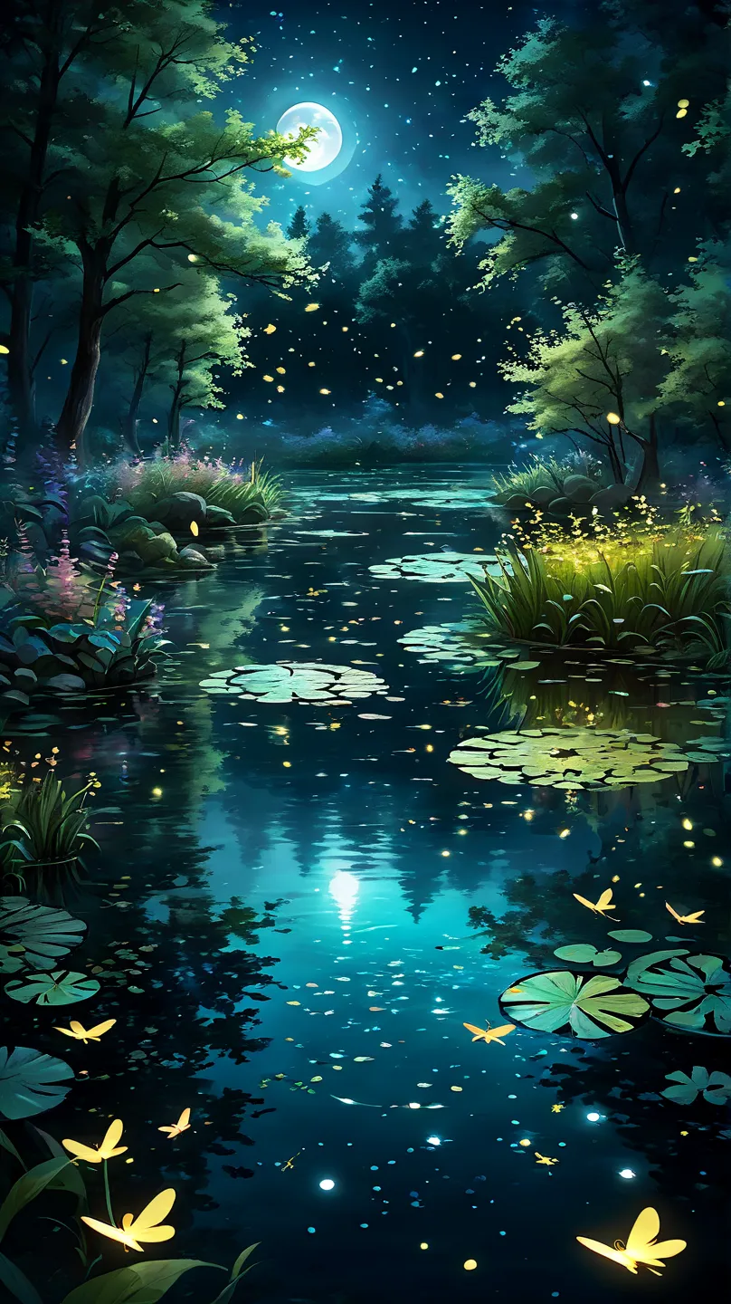 Pond at night:1.5, ((Full Shot:1.4)), ((Beautiful pond on a dark night:1.5)), ((Fireflies fly around the pond、The pond is lit,  Shining in the Moonlight , Catching Fireflies:1.5)), ((Very Detailed:1.5)), The light of fluorescences is reflected on the surfa...