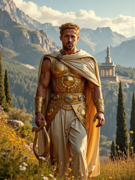 Ryan Gosling reimagined as a majestic Roman god Apollo walking and holding  golden lyre､dramatic atmosphere, 1 male､
Golden-blonde hair, crowned with a radiant laurel wreath of gold and sunstone, sculpted with solar flares and lyre engravings. Piercing blu...