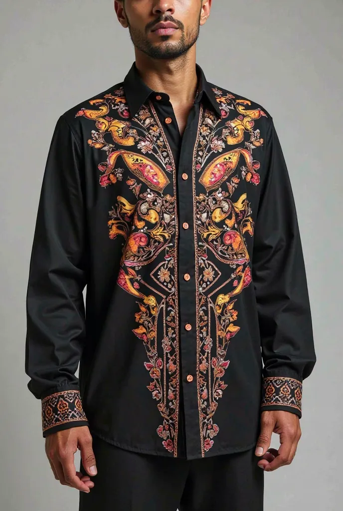 Black shirt with a, pattern depicting the Karakalpak national geometric pattern.