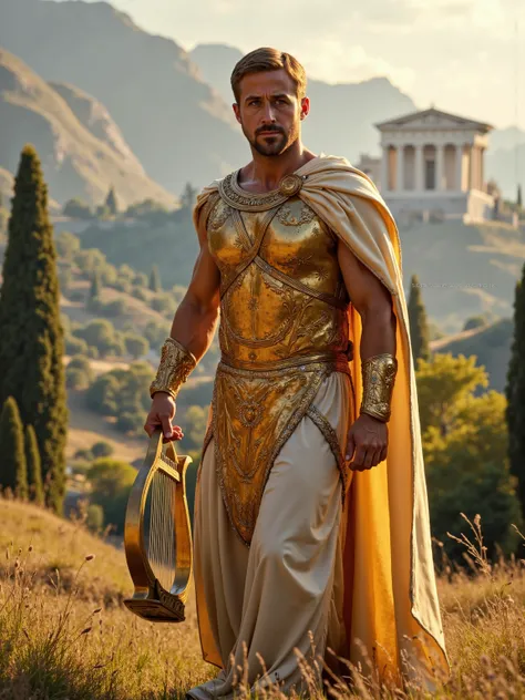 Ryan Gosling reimagined as a majestic Roman god Apollo walking and holding  golden lyre､dramatic atmosphere, 1 male､
Golden-blonde hair, crowned with a radiant laurel wreath of gold and sunstone, sculpted with solar flares and lyre engravings. Piercing blu...