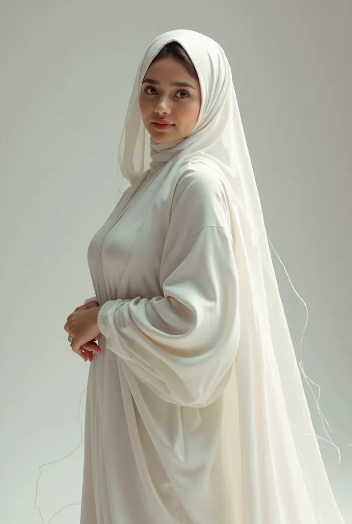  muslim woman wearing a white veil she has really large huge big large breasts she has a big butt and shes fair and shes between slim and chubby