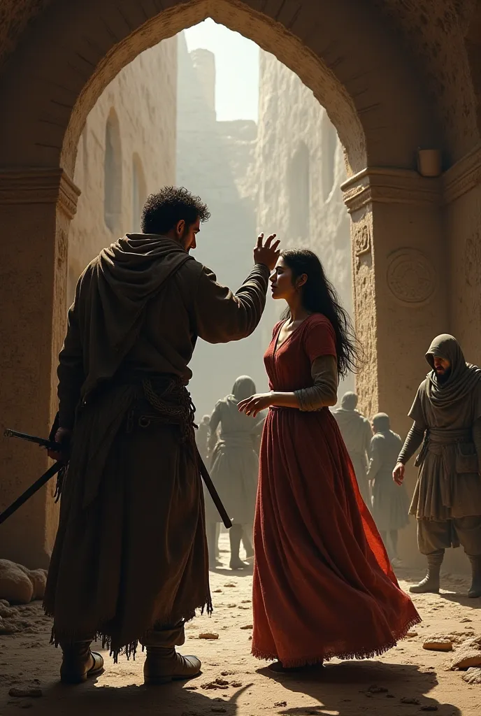 A rogue slaps a young woman in a cave in Baghdad, 1052.