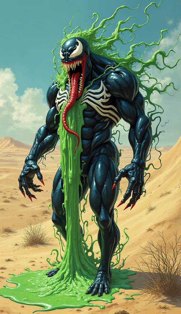 "A vivid and surreal painting of Venom in the desert, with a close-up of his face as he stands with his long, sticky tongue protruding from his mouth, covered in a green liquid that oozes out. The green liquid spreads around his mouth, creating a sense of ...