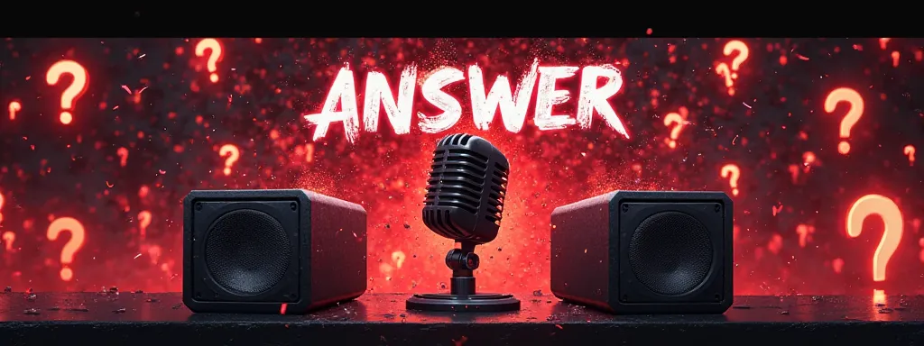 I need a banner for an "Answer To Mute" event, with the phrase "Hosted by AURA" written below it, in a red and black theme. Some question marks are scattered around, and there are intense competitive effects and visuals. a drawing of  mic and speaker in th...