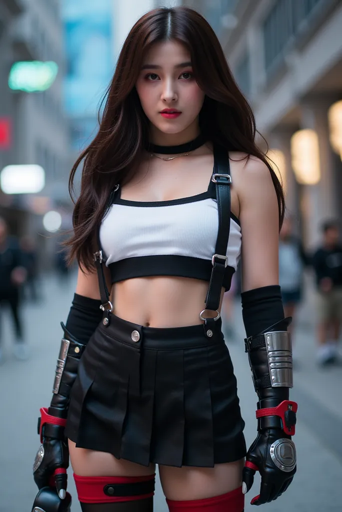 "A beautiful and athletic young woman with long, flowing dark brown hair and deep brown eyes stands confidently in a battle-ready stance. She wears a stylish yet practical outfit consisting of a white crop top with a black sports bra underneath, highlighti...