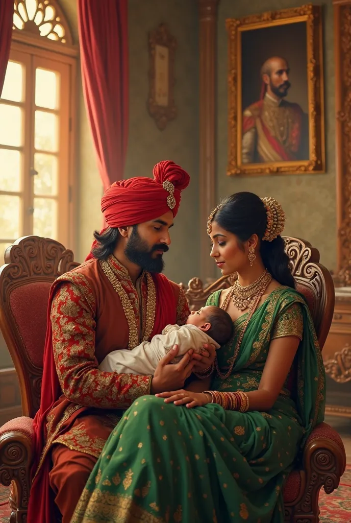 "A royal couple from historical India, dressed in traditional attire, sitting in an intricately decorated palace room. The man, wearing a red turban and a regal mustache, holds a newborn baby with a loving expression. The woman, in a green saree with gold ...