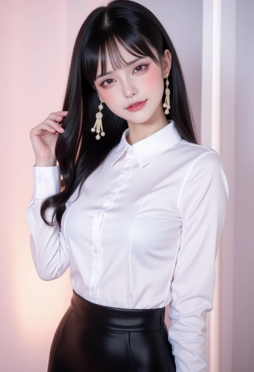 Create an image of a young woman with long, straight black hair, wearing a white office shirt and black half skirt. She has a long earrings. Her makeup is soft, featuring light eyeshadow and glossy lips. The background should be a light pastel color to enh...