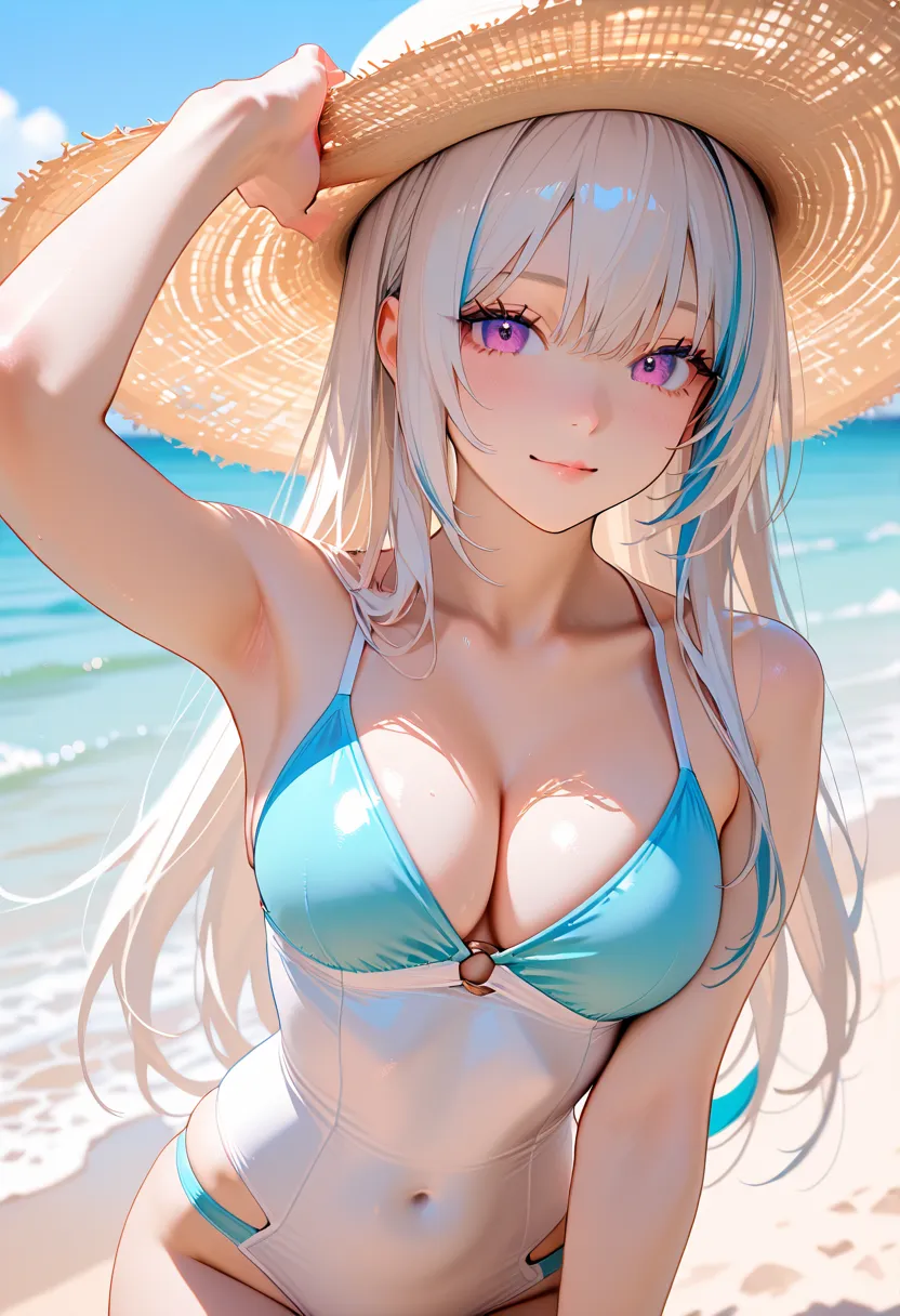 1 woman, long hair, white hair with blue highlights, purple eyes, beautiful face, wearing a white and blue swimsuit, wearing a beautiful white beach hat, beautiful figure