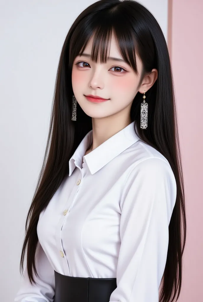 Create an image of a young woman with long, straight black hair, wearing a white office shirt and black half skirt. She has a long earrings. Her makeup is soft, featuring light eyeshadow and glossy lips. The background should be a light pastel color to enh...