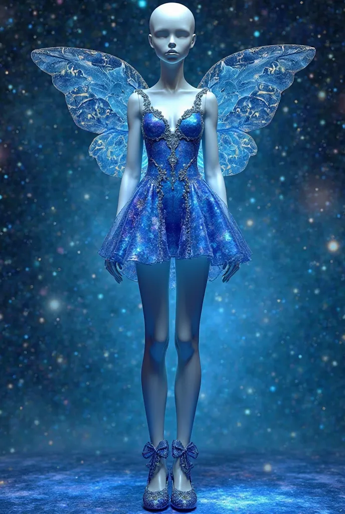 Alien Mannequin, Blue Galaxy Mini Dress,With Blue Glitter Shoes and Blue Wing 