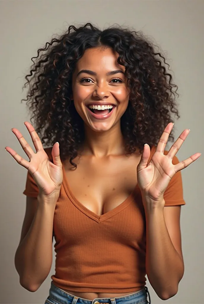 realistic photo of happy Colombian woman pointing up TWO SCREENS WITH BOTH FINGERS